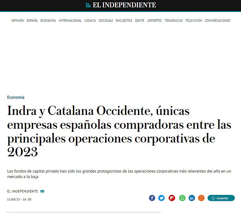 Indra y Catalana Occidente, nicas empresas espaolas compradoras entre las principales operaciones corporativas de 2023